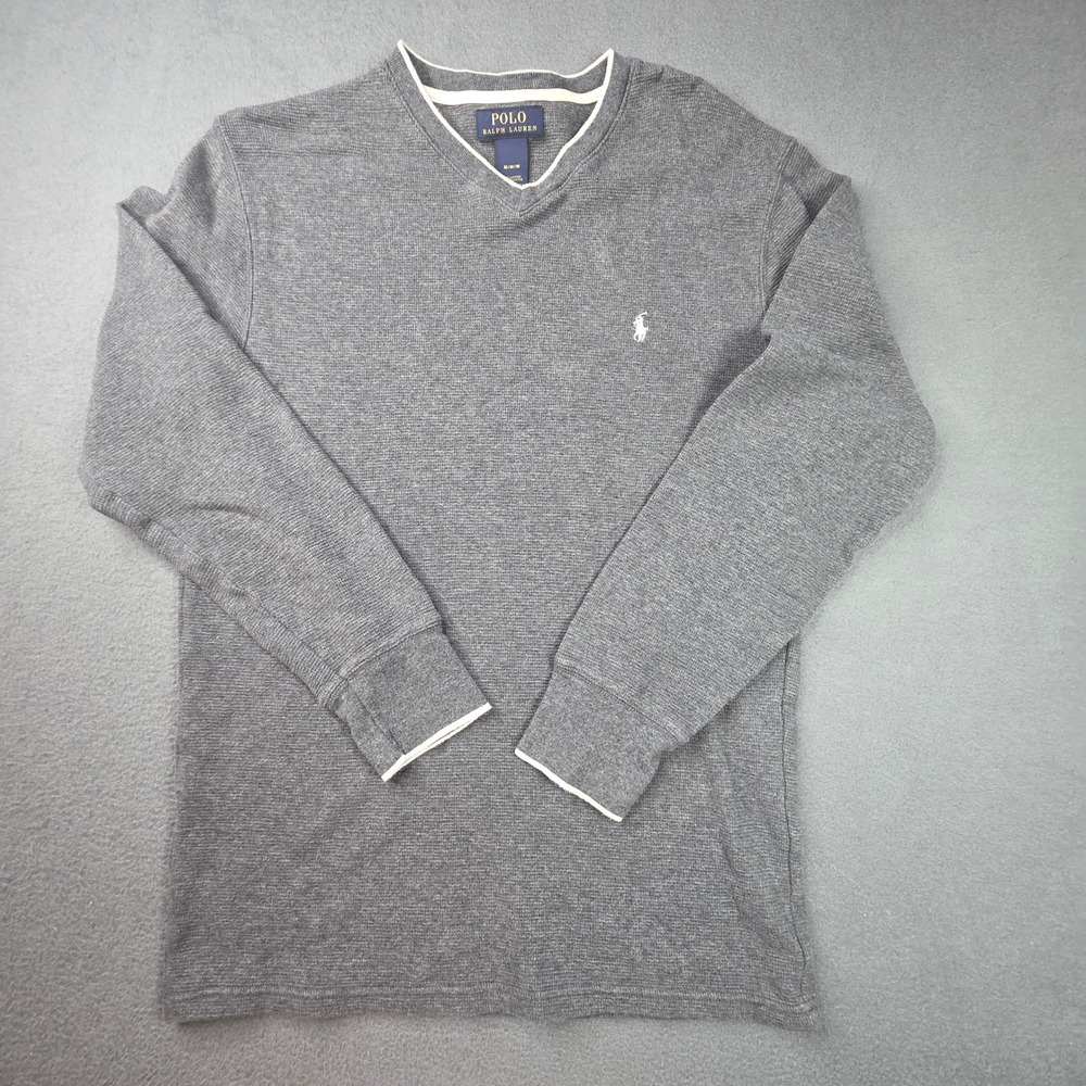 Polo Ralph Lauren Mens Gray Waffle Knit Thermal V-Neck Long Sleeve Shirt Medium